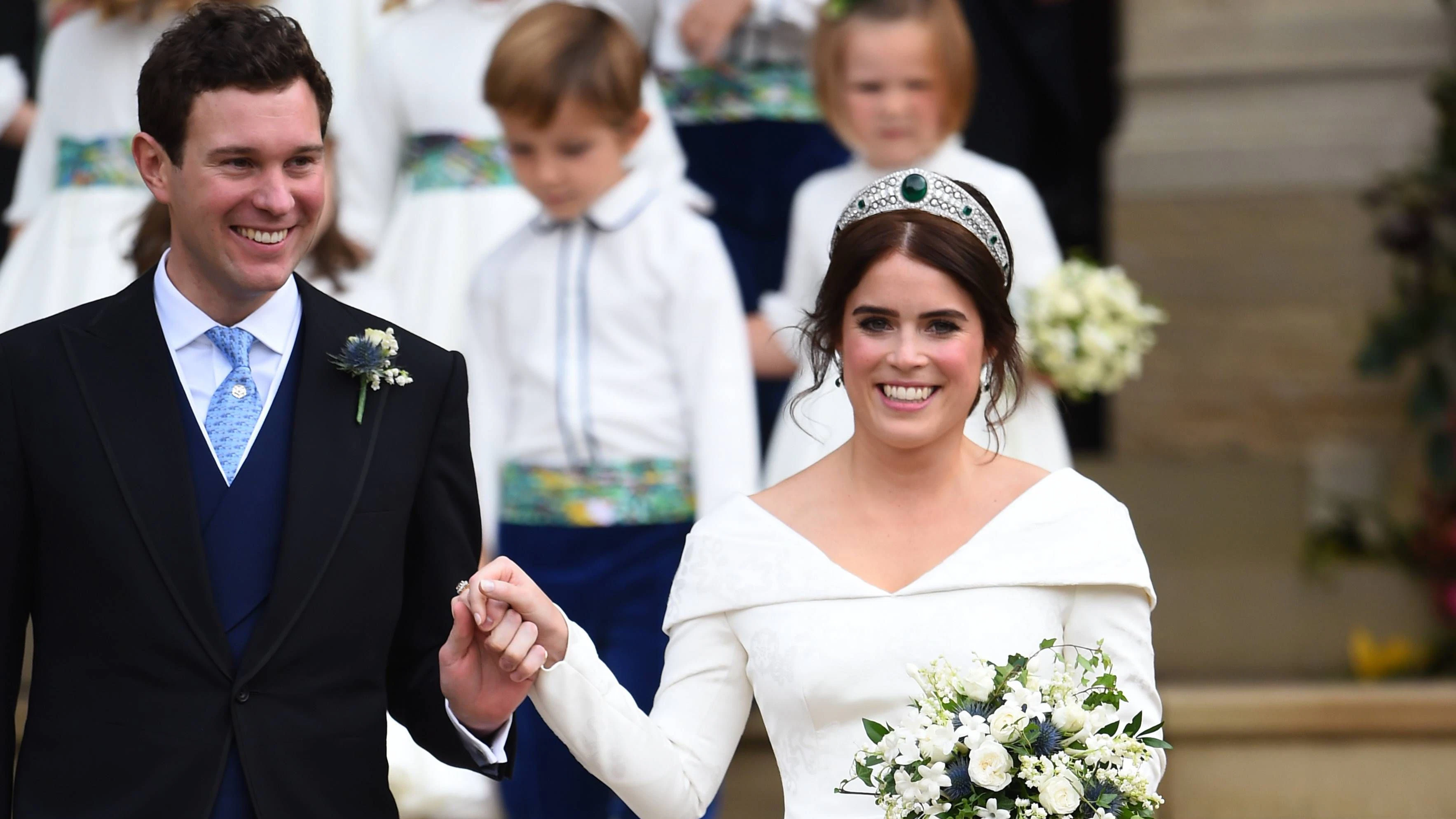 Überglücklich bei ihrer Hochzeit am 12. Oktober 2018 in der <a href="https://de.wikipedia.org/wiki/St_George%E2%80%99s_Chapel_(Windsor_Castle)">St George’s Chapel</a>:&nbsp;Jack Brooksbank und Prinzessin Eugenie.&nbsp;