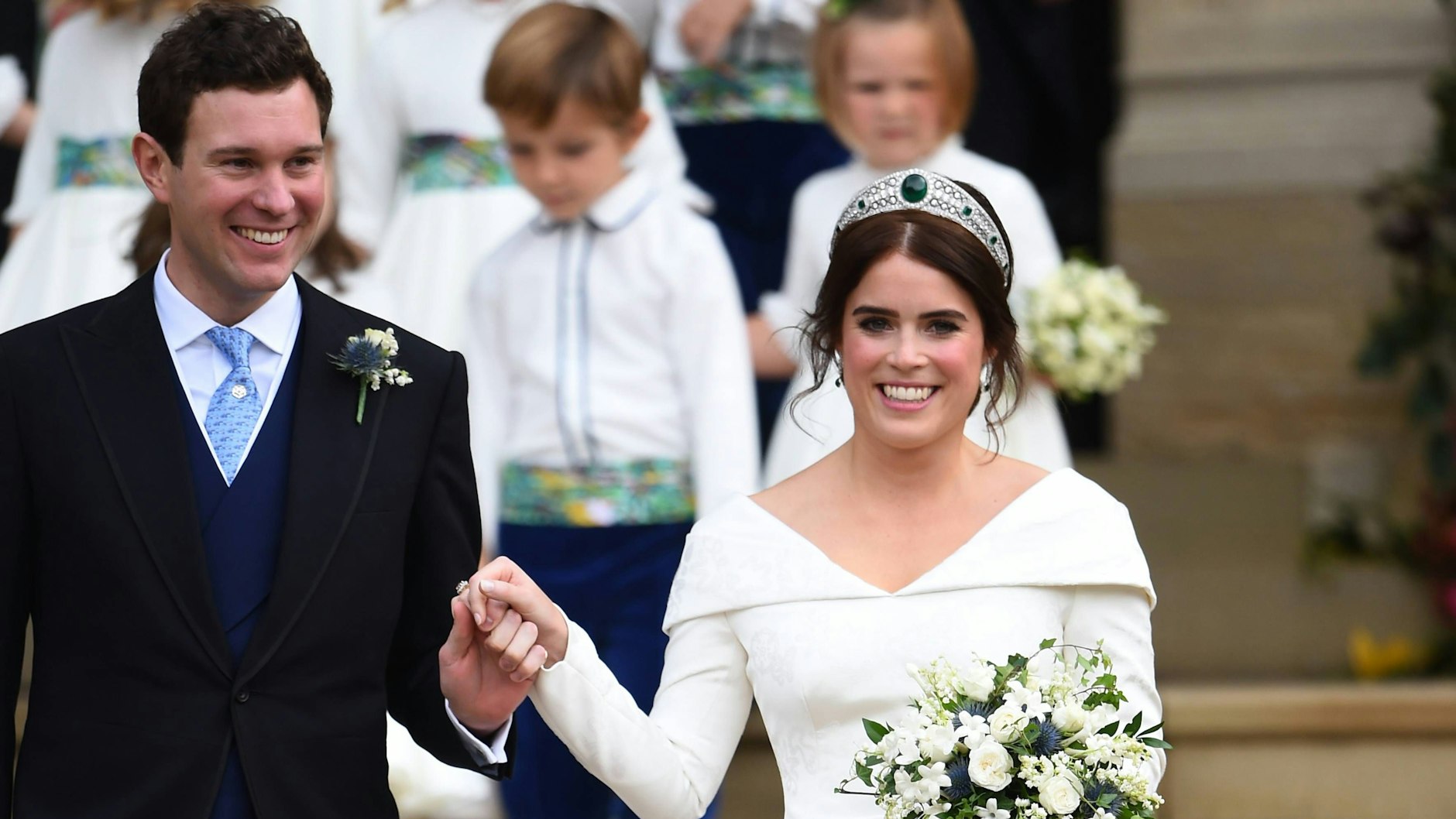 Überglücklich bei ihrer Hochzeit am 12. Oktober 2018 in der <a href="https://de.wikipedia.org/wiki/St_George%E2%80%99s_Chapel_(Windsor_Castle)">St George’s Chapel</a>:&nbsp;Jack Brooksbank und Prinzessin Eugenie.&nbsp;