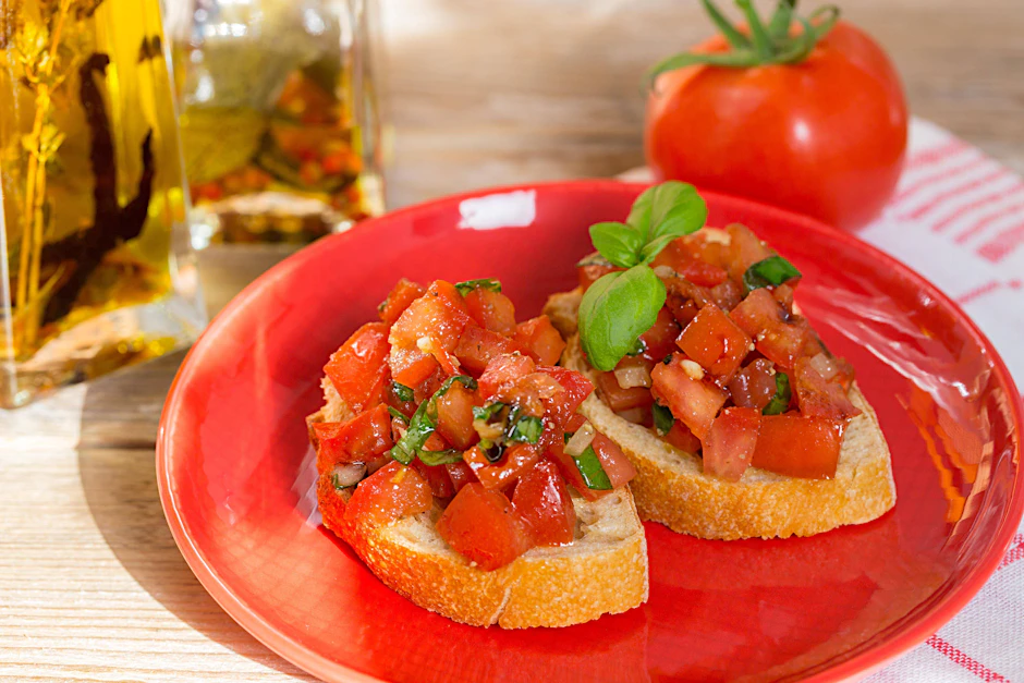 Ein roter Teller mit Bruschetta.