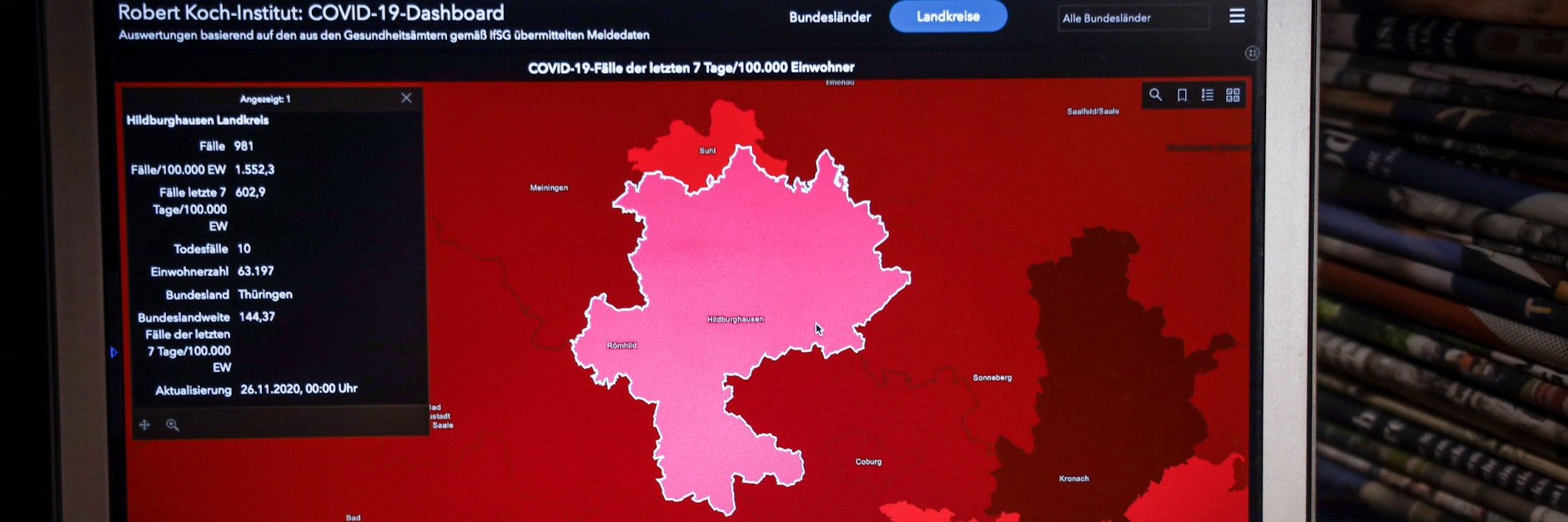 Ein Fleck in Pink: Das ist der thüringische Landkreis Hildburghausen an der Grenze zu Bayern.