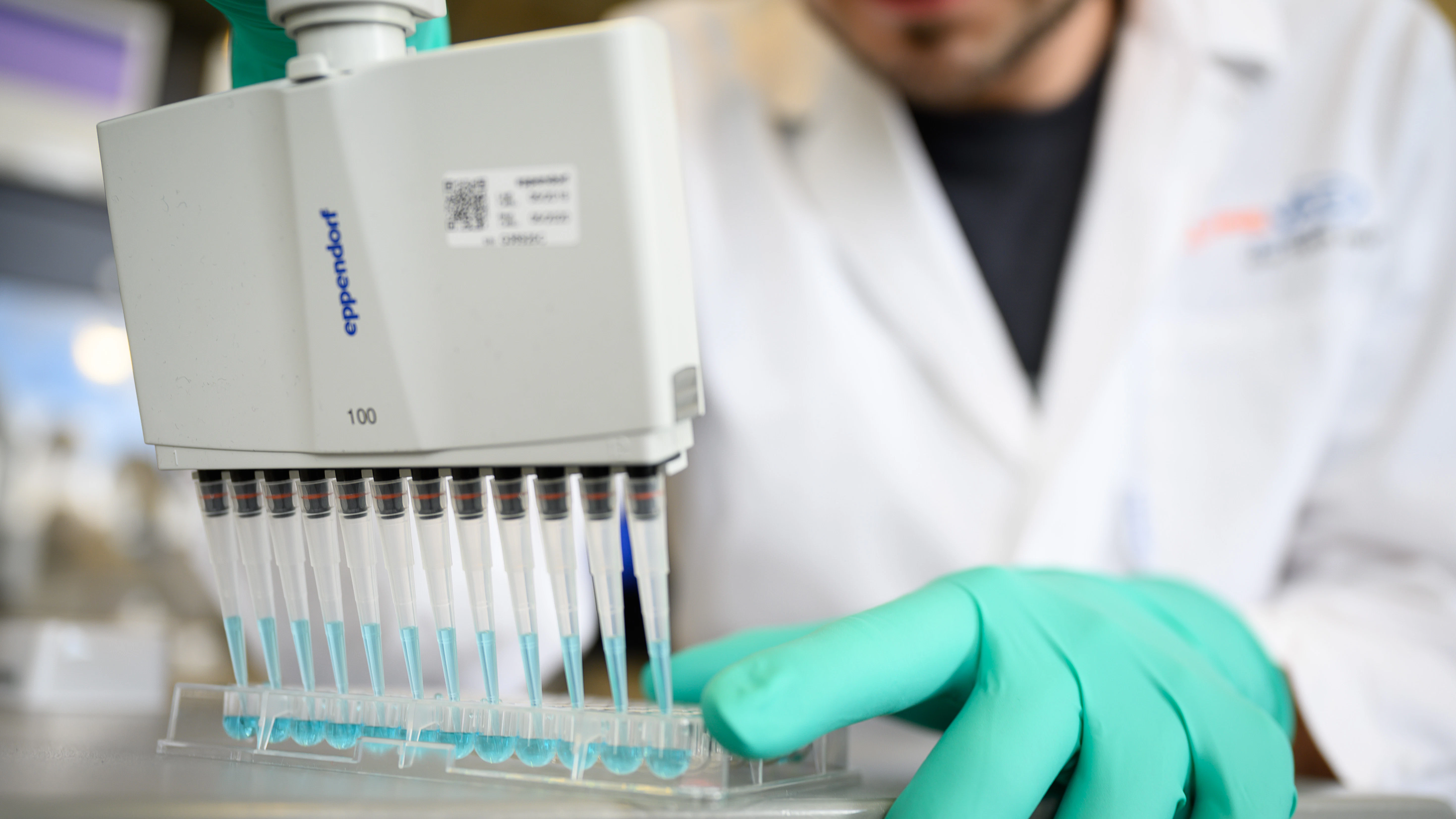 Ein Mann pipettiert in einem Labor des biopharmazeutischen Unternehmens Curevac eine blaue Flüssigkeit. In dem Unternehmen wird nach einem Impfstoff gegen das Coronavirus geforscht.