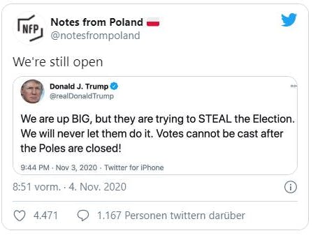 Geschlossene Polen statt beendeter polls: Der Fehler im Trump-Tweet, in dem er den Demokraten den versuchten Diebstahl seines Wahlsiegs vorwarf, sorgte für Spott.