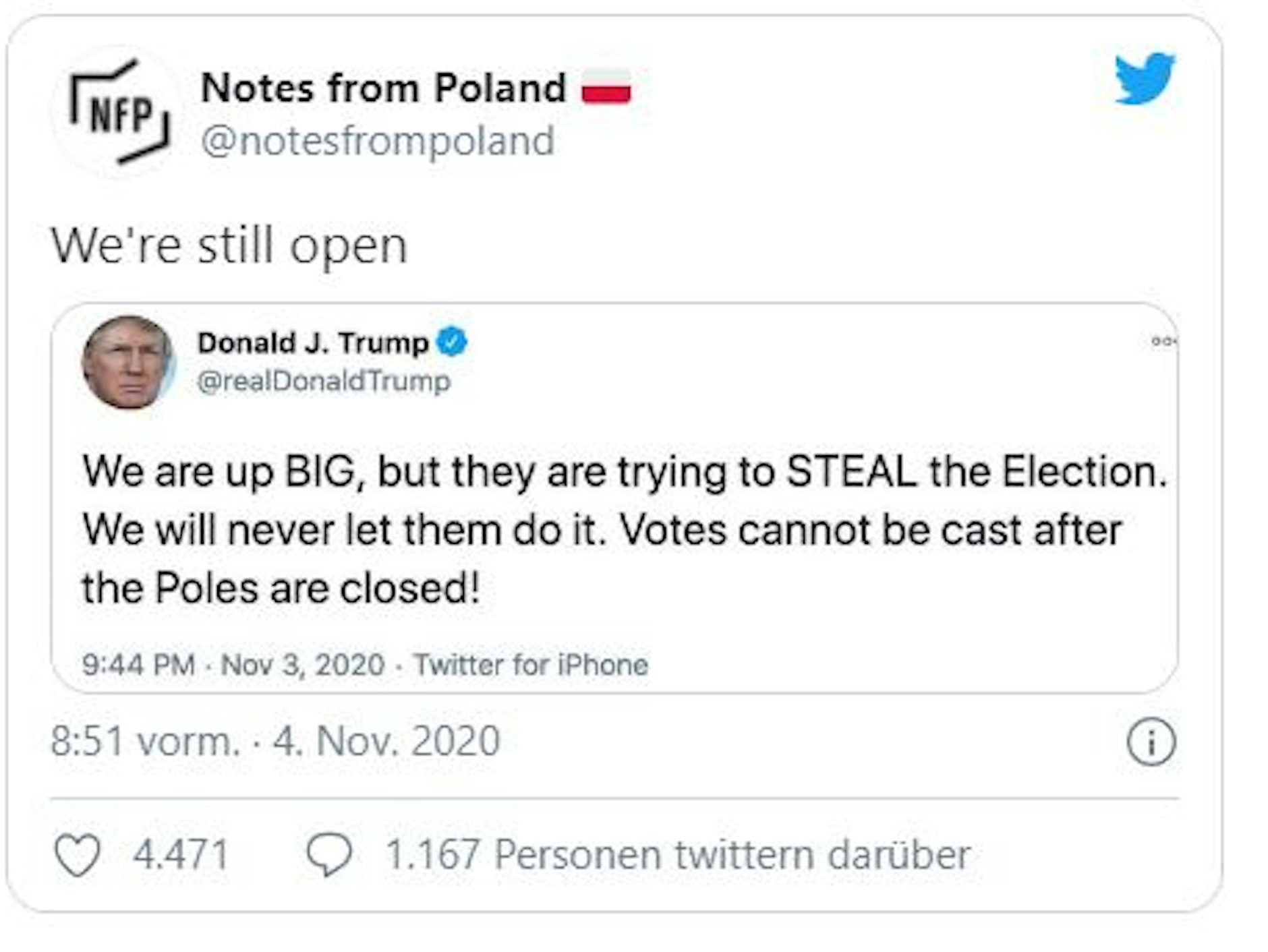 Geschlossene Polen statt beendeter polls: Der Fehler im Trump-Tweet, in dem er den Demokraten den versuchten Diebstahl seines Wahlsiegs vorwarf, sorgte für Spott.