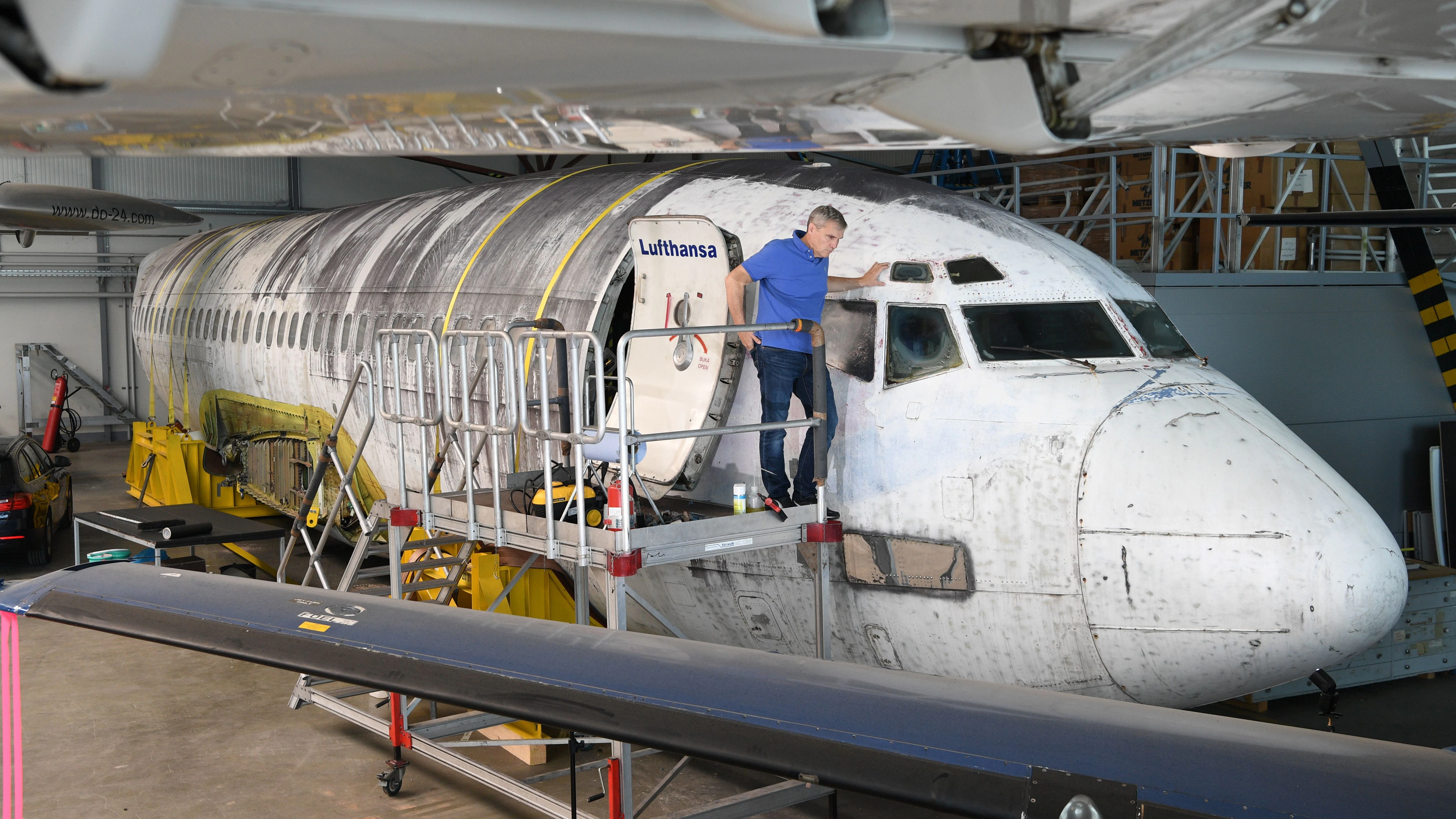 The Landshut in a hangar in Friedrichshafen.
