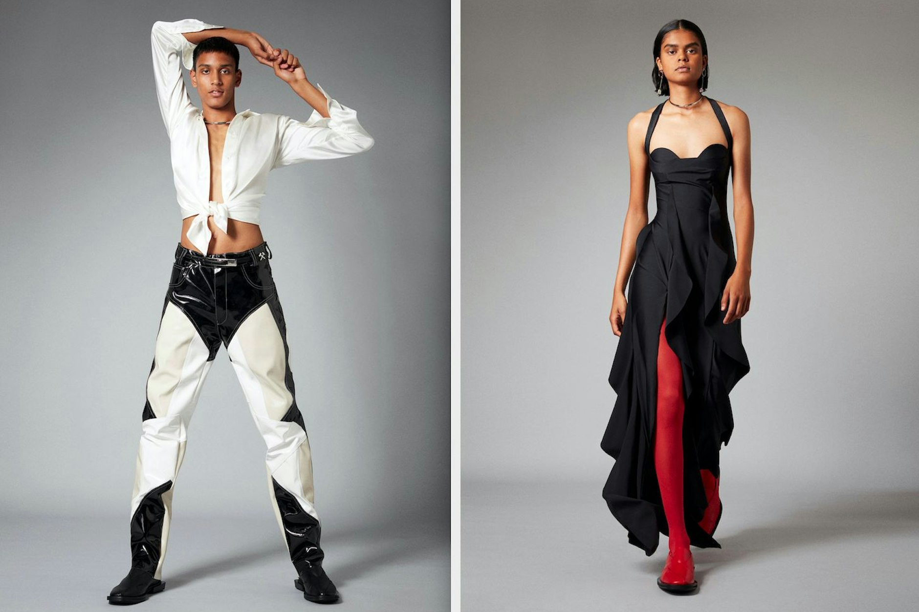 Geschneiderte Neo-Neunziger: links die genderneutrale Vinyl-Hose, rechts die Kampf-Couture aus Recyling-Polyamid, beides aus der Frühjahrskollektion 2021. 