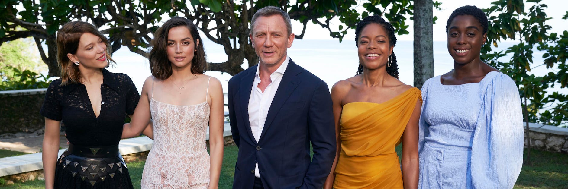 Die Schauspieler Lea Seydoux, Ana de Armas, Daniel Craig, Naomi Harris und Lashana Lynch (v.l.) bei einer Pressekonferenz zum 25. James-Bond-Film „No Time To Die“. Sie gehören zum Cast des Films. Lynch soll die Agentin 007 spielen.