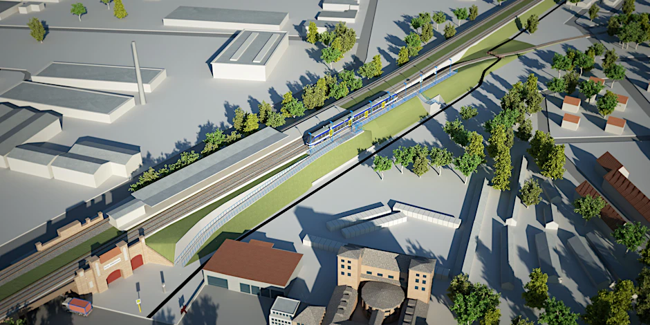 So soll der neue Umsteigepunkt im Nordosten Berlins aussehen. Auf einem Damm hält ein Triebwagen der Niederbarnimer Eisenbahn. Über eine Treppe und eine Rampe gelangen die Fahrgäste zum Eingang des S-Bahnhofs Wilhelmsruh (l.). Die S1 bringt die Fahrgäste ins Zentrum.&nbsp;