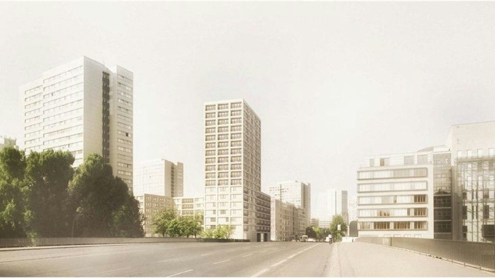 Der ursprüngliche Entwurf sah ein 58 Meter hohes Wohnhaus (Bildmitte) vor, das aus einer U-förmigen Randbebauung emporragt.