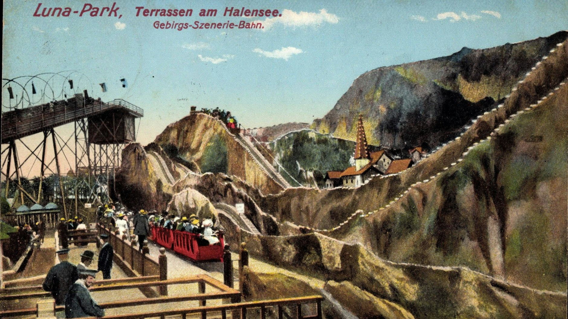 Die legendäre Gebirgsbahn im Luna-Park am Halensee zeigt diese Postkarte aus den 1930er-Jahren.