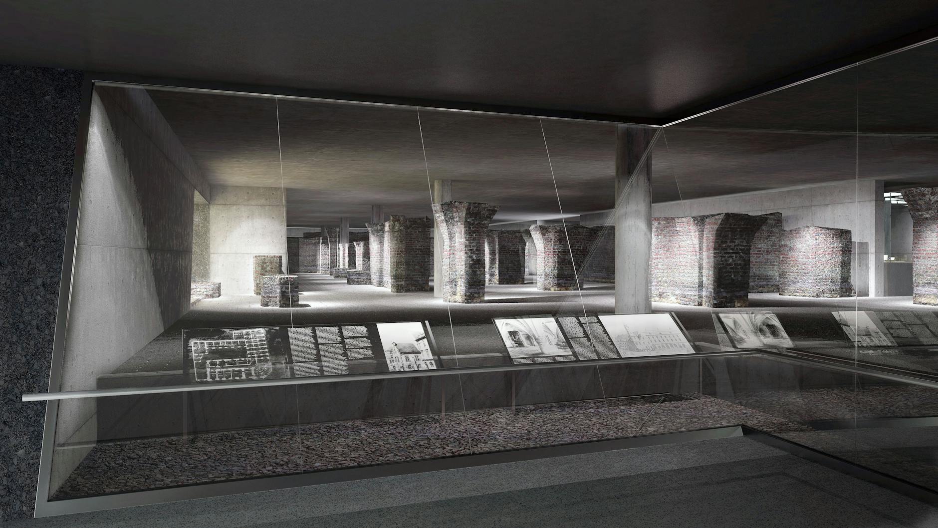 Als Teil der U5-Station Rotes Rathaus geplant, aber noch nicht umgesetzt: Das Archäologische Fenster öffnet den Blick in die Tuchhalle, das erhaltene Kellergewölbe des Alten Rathauses.