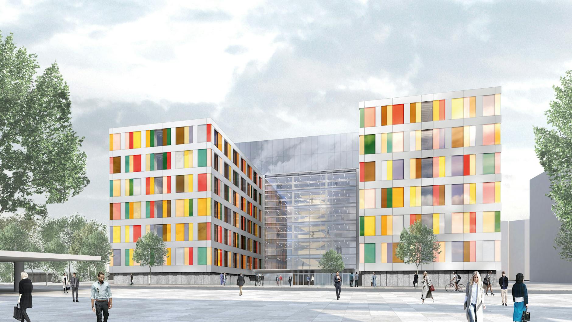 Mit bunter Fassade: Der geplante Modulbau für den Bundestag.