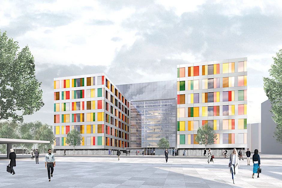Mit bunter Fassade: Der geplante Modulbau für den Bundestag.
