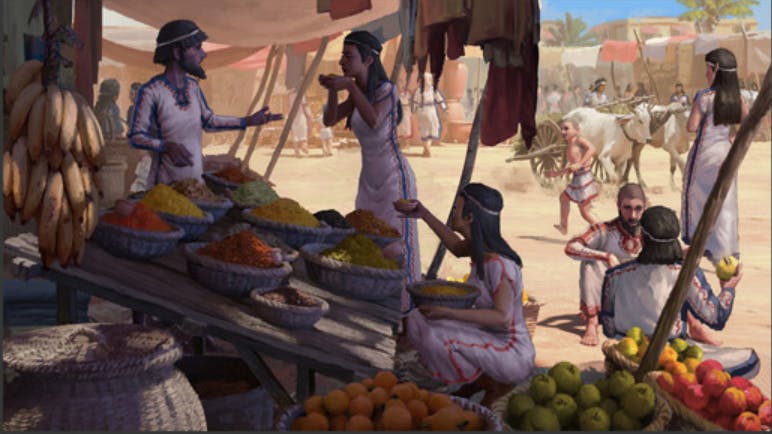 Eine Illustration eines Lebensmittelmarkts aus der Bronzezeit. <br>