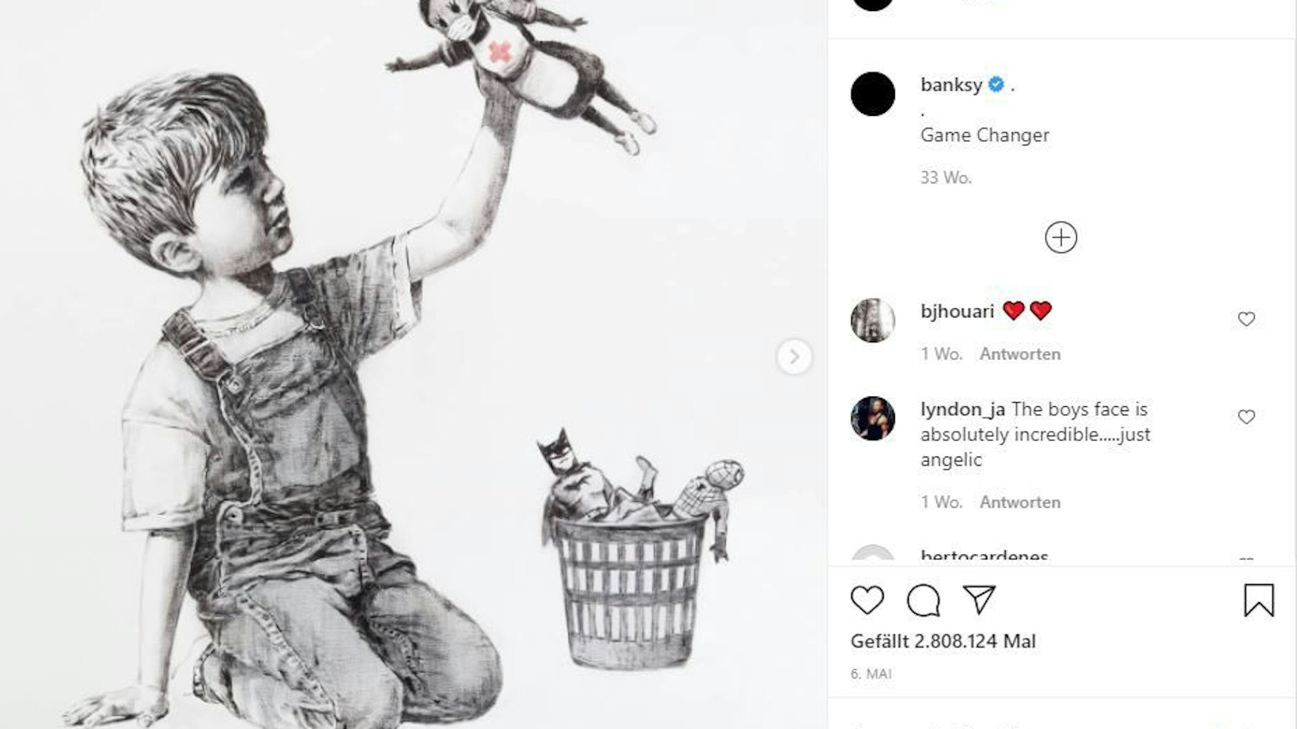 In einer Klinik im südenglischen Southampton hinterließ Banksy ein Gemälde für die Helden der Corona-Krise. Hier wurde es auf Instagram gepostet. 