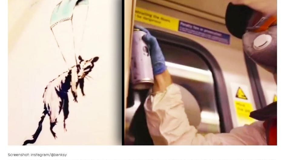 Für das Tragen von Corona-Masken warb Banksy mit Ratten-Bildern in einer Londoner U-Bahn. Auf dem Video der Sprüh-Aktion soll er selbst zu sehen sein.