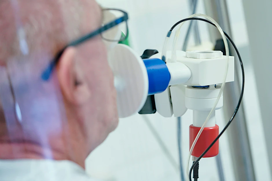 Der von einer Corona-Erkrankung genesene Patient Jörg K. bekommt in einer Lungentest-Kabine in der Rehaklinik Heidelberg-Königstuhl die Lungenfunktion gemessen.&nbsp;