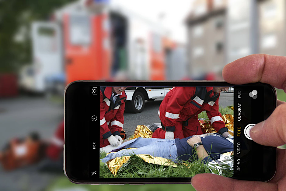 Gaffer fotografieren bei einem Rettungseinsatz mit der Handykamera. (Symbolfoto)