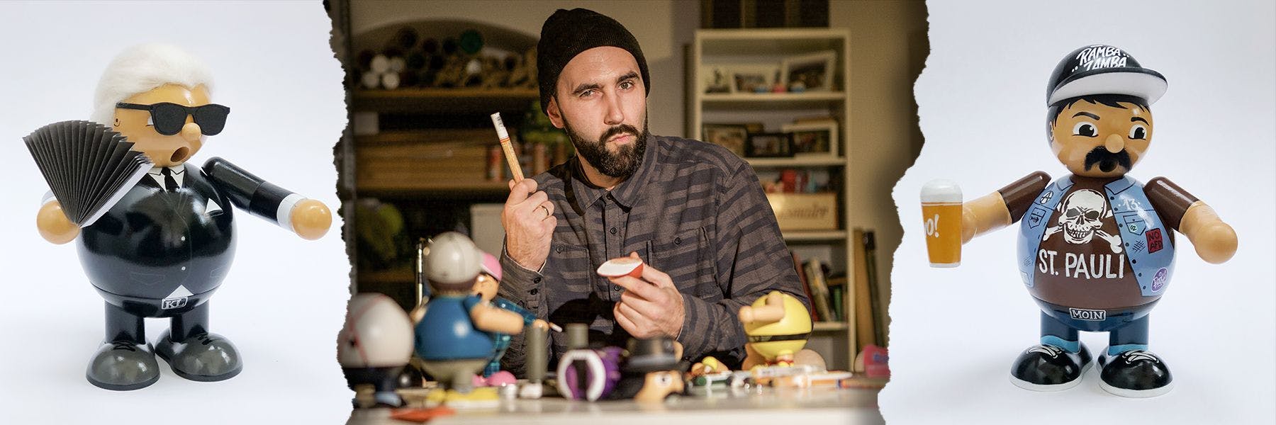 Andre Morgner baut moderne Räuchermännchen. Auch Modezar Karl Lagerfeld (links) entstand schon in seiner Werkstatt.