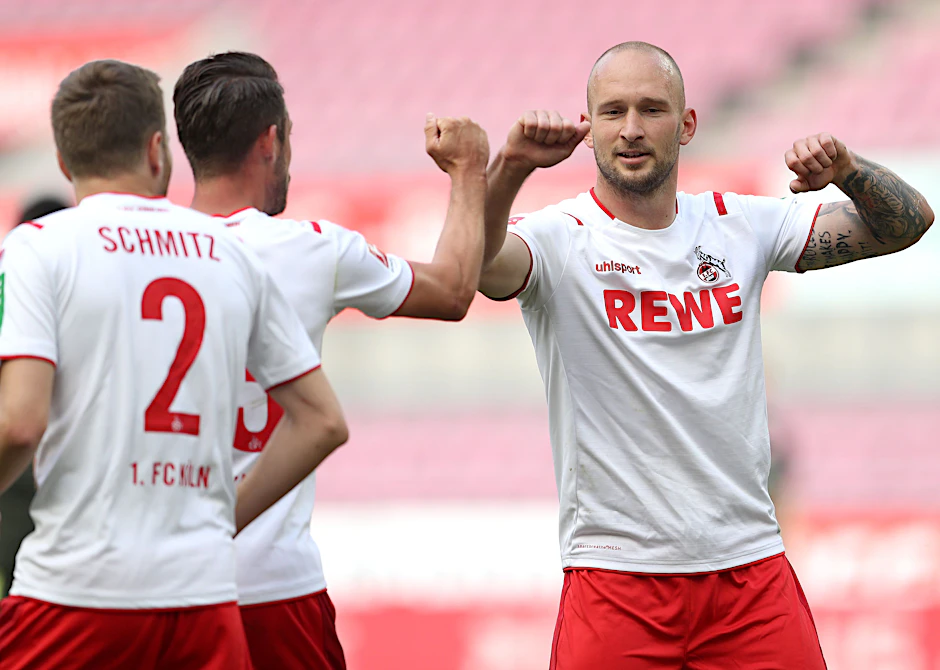 Der Ex-Unioner Toni Leistner (r.) feiert mit seinen Kölner Teamkollegen Mark Uth und Benno Schmitz einen Treffer der Domstädter. Am Sonnabend feiert die Abwehrkante zumindest ein Wiedersehen mit den Eisernen.