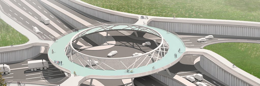 So könnte der Knotenpunkt im Osten Berlins aussehen. In Tunnellage kreuzt die B1/B5, der Nord-Süd-Verkehr wird darüber geführt. Rechts führt die Märkische Allee nach Marzahn, links die TVO nach Köpenick. Eine kreisrunde Brücke dient dem Rad- und Fußverkehr.