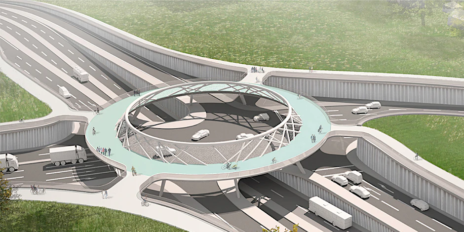 So könnte der Knotenpunkt im Osten Berlins aussehen. In Tunnellage kreuzt die B1/B5, der Nord-Süd-Verkehr wird darüber geführt. Rechts führt die Märkische Allee nach Marzahn, links die TVO nach Köpenick. Eine kreisrunde Brücke dient dem Rad- und Fußverkehr.