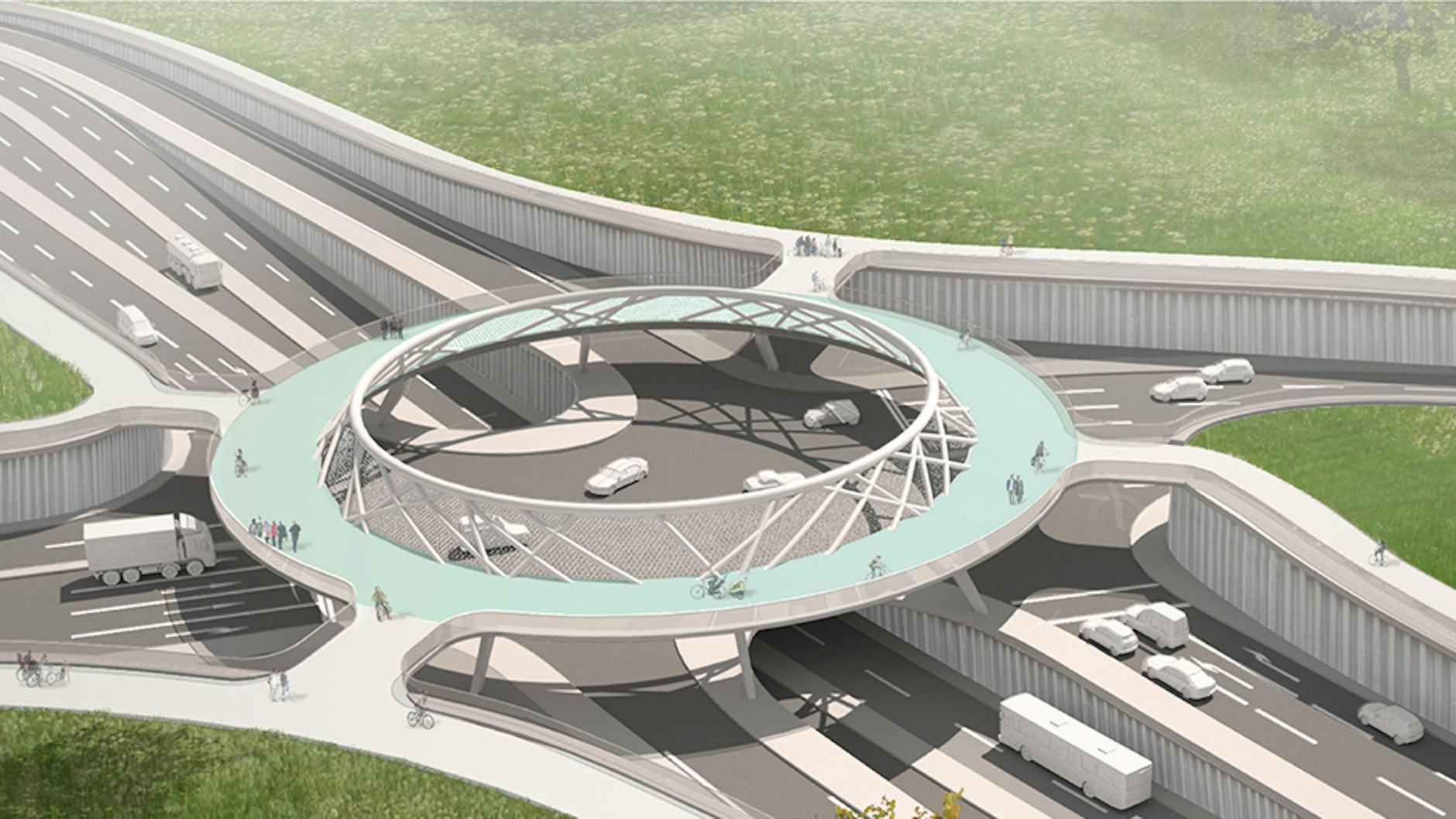 So könnte der Knotenpunkt im Osten Berlins aussehen. In Tunnellage kreuzt die B1/B5, der Nord-Süd-Verkehr wird darüber geführt. Rechts führt die Märkische Allee nach Marzahn, links die TVO nach Köpenick. Eine kreisrunde Brücke dient dem Rad- und Fußverkehr.&nbsp;