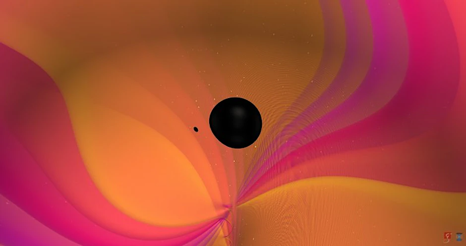 Die Darstellung zeigt, wie im Universum zwei Objekte – ein großes und ein kleines – einander umkreisen und dabei Gravitationswellen aussenden.
