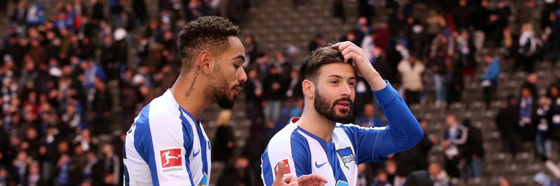 Weiterhin nicht einsatzfähig: Herthas Matheus Cunha und Marvin Plattenhardt (v.l.) brummt weiter der Schädel. 