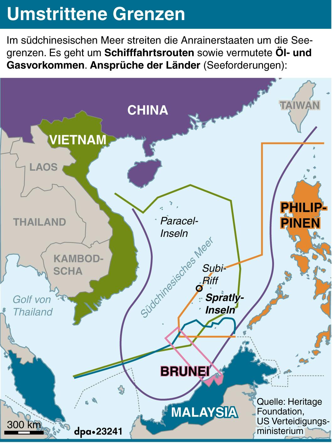 Die violette Linie zeigt, wie weit China seine Seegrenze verschieben will, indem es winzige Inseln zu seinem Hoheitsgebiet erklärt.