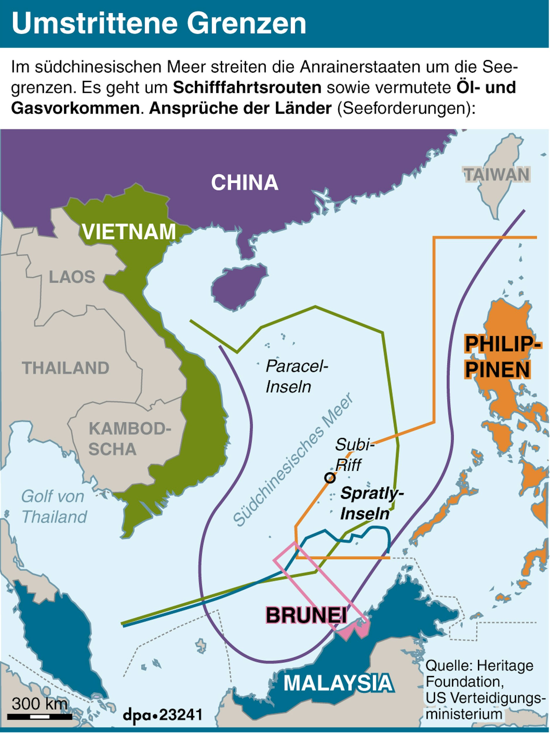 Die violette Linie zeigt, wie weit China seine Seegrenze verschieben will, indem es winzige Inseln zu seinem Hoheitsgebiet erklärt.