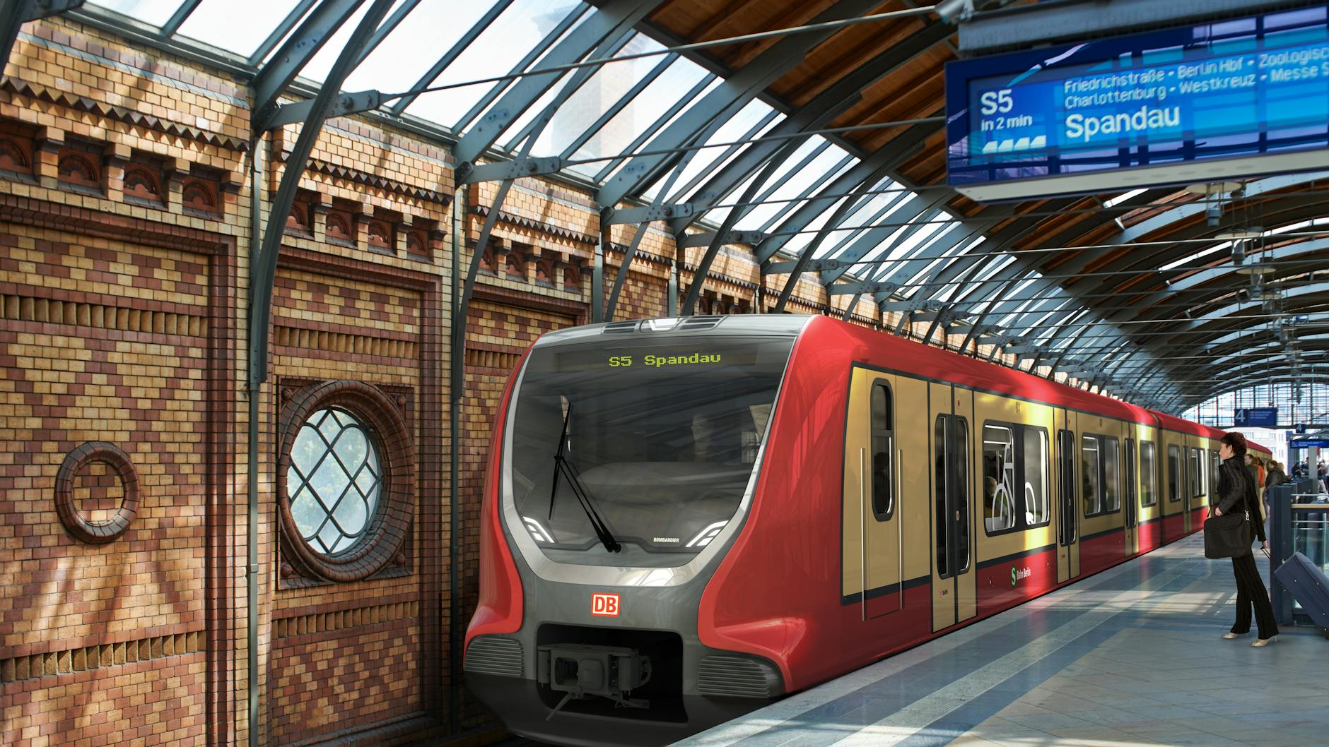 Die Traditionsfarben sollen bleiben, doch Rot bekommt eine größere Bedeutung. Die Simulation eines Zuges der Linie S5 im Bahnhof Hackescher Markt zeigt, wie die Außenlackierung der Züge aussehen könnte. 