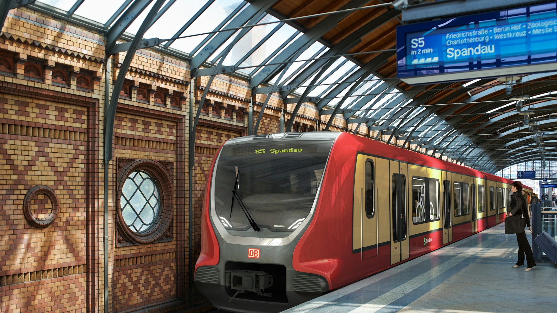 Die Traditionsfarben sollen bleiben, doch Rot bekommt eine größere Bedeutung. Die Simulation eines Zuges der Linie S5 im Bahnhof Hackescher Markt zeigt, wie die Außenlackierung der Züge aussehen könnte.&nbsp;&nbsp;