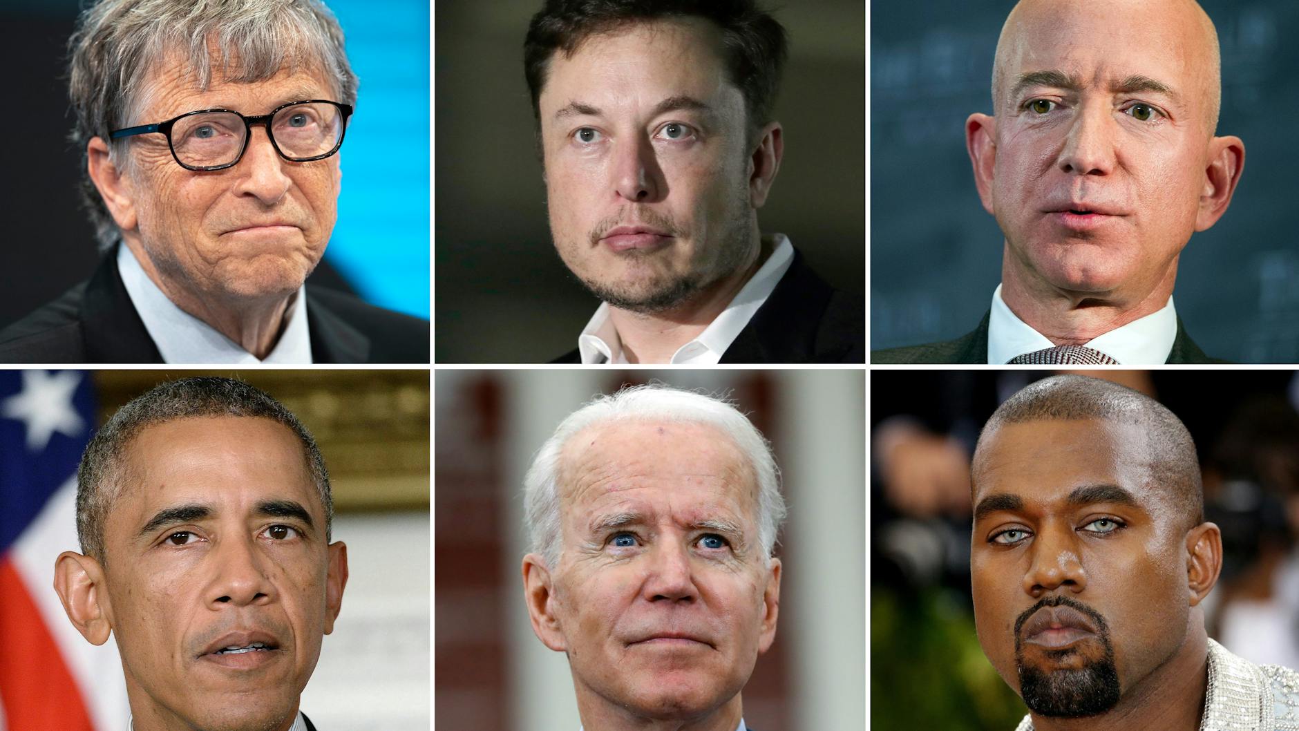 Sechs Opfer der Twitter-Attacke: Bill Gates (oben von links), Elon Musk, Jeff Bezos, Barack Obama, Joe Biden und Kayne West. 