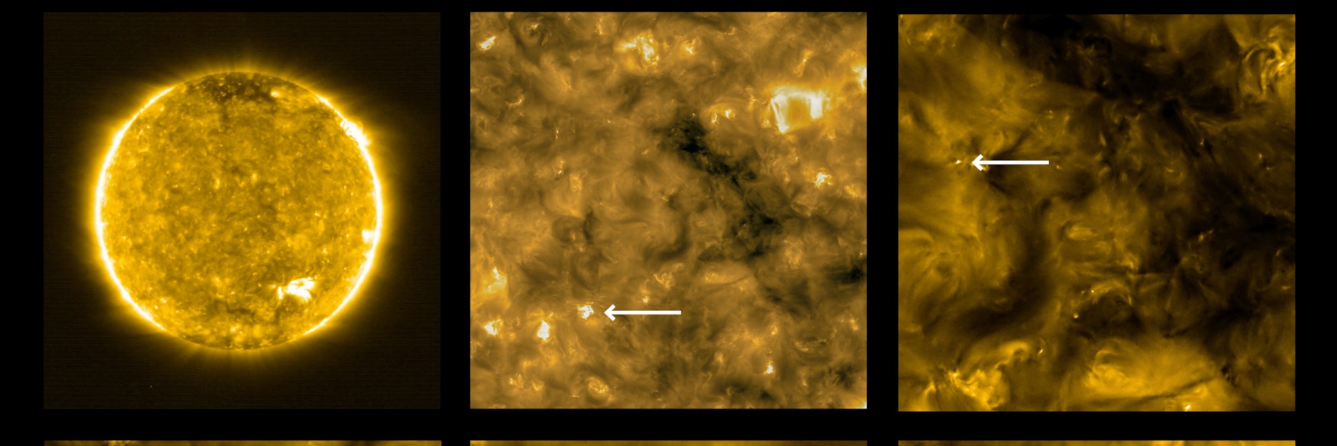 Solche Bilder von der Sonne gab es noch nie. Die Pfeile zeigen auf helle Flecken, die als Lagerfeuer bezeichnet werden.