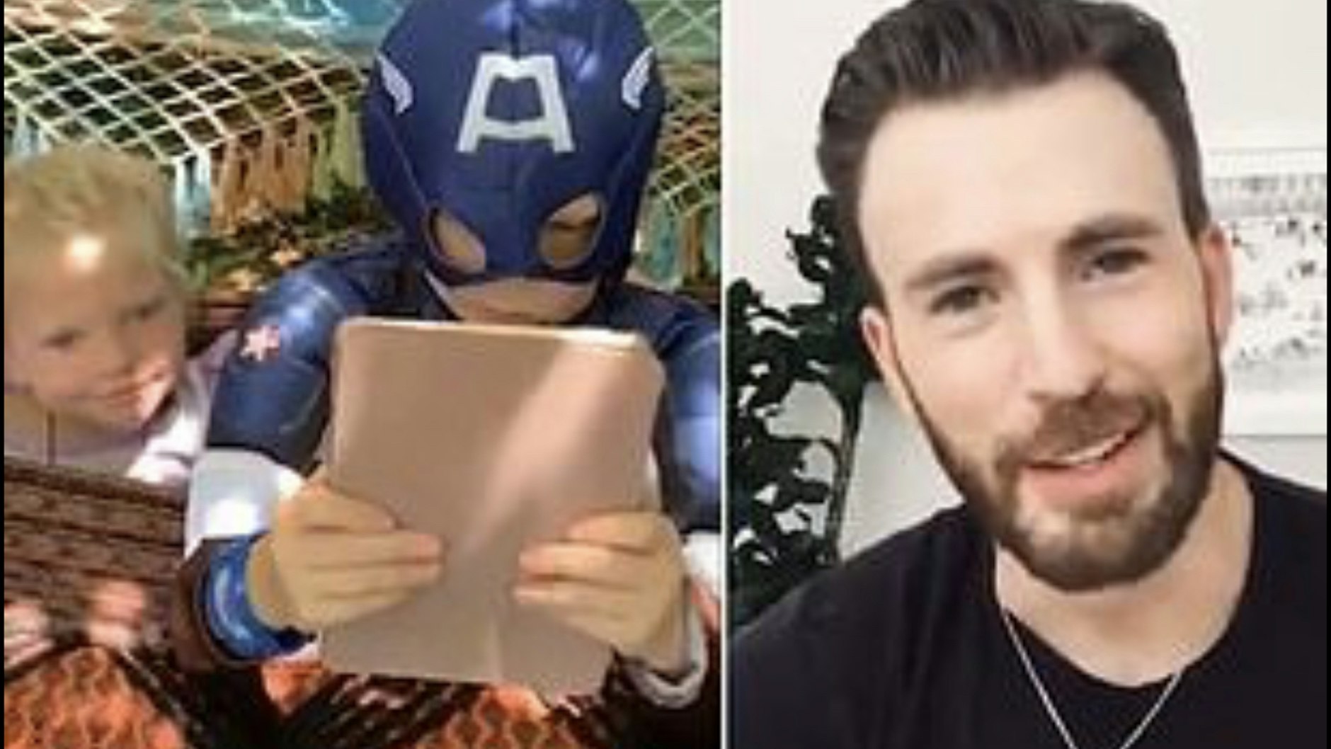 Bridger Walker schaut mit&nbsp;„Captain America“-Kostüm die Nachricht vom „echten“ Superhelden Chris Evans.
