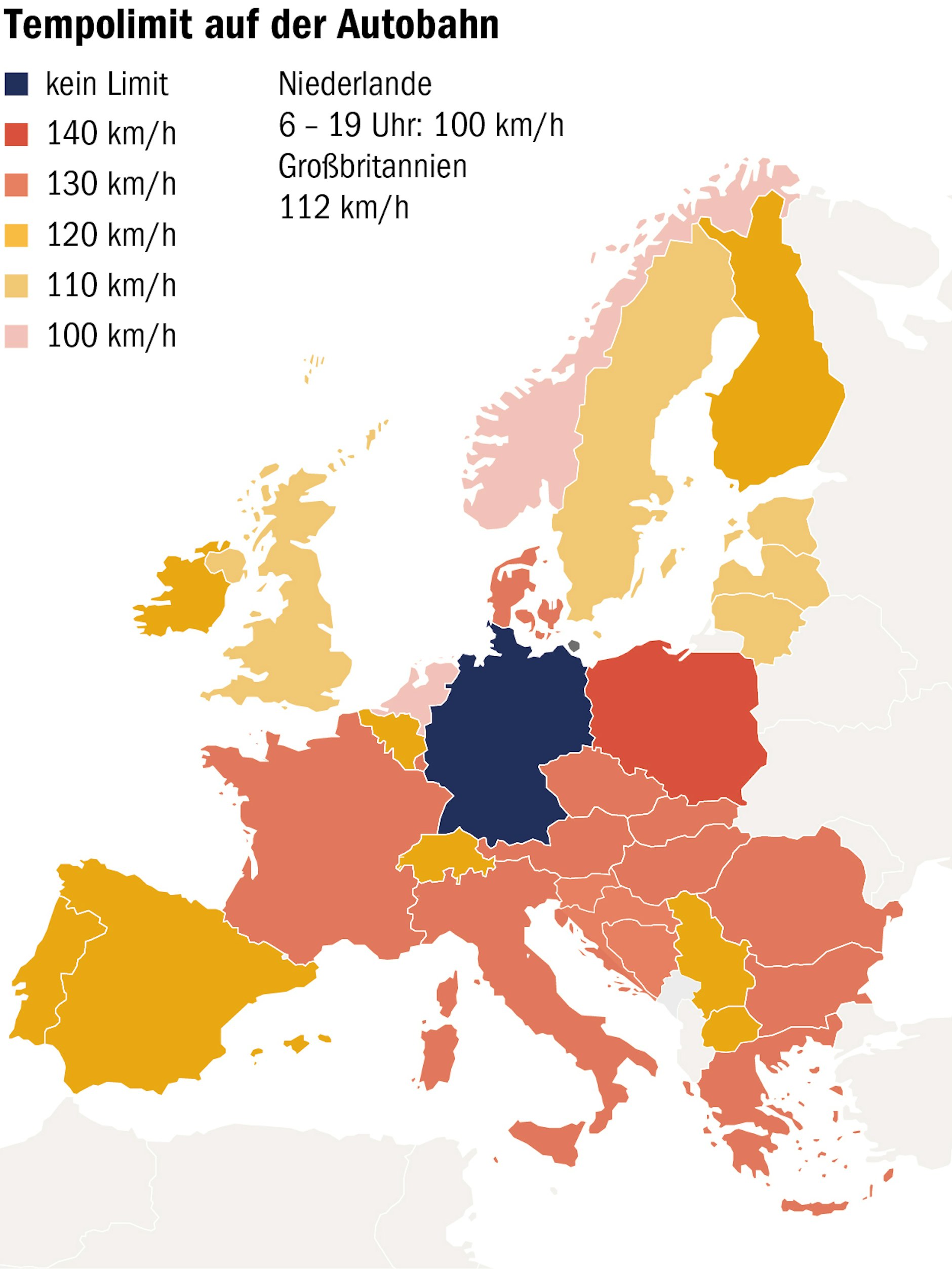 Die Karte zeigt, in welchen europäischen Ländern es bereits ein Tempolimit gibt.
