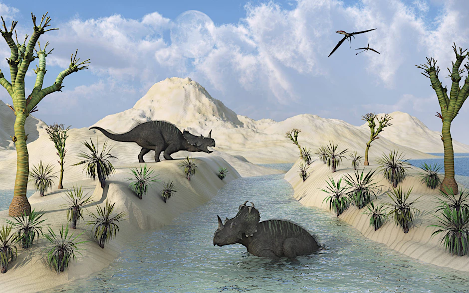 Sie wogen etwa drei Tonnen und wurden bis zu sechs Meter lang: Dinosaurier der Gattung Centrosaurus. Die Illustration zeigt sie in einer kreidezeitlichen Landschaft.&nbsp;