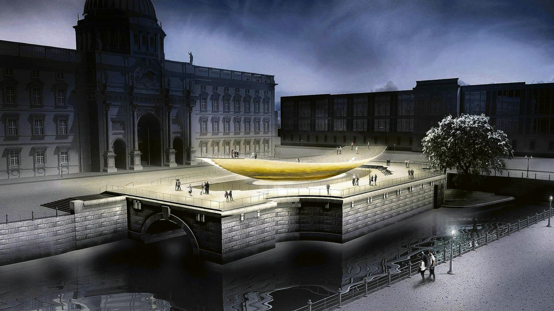 So soll es werden: Blick auf das geplante Freiheits- und Einheitsdenkmal, das in Form einer begehbaren Schale auf dem Sockel des früheren Kaiser-Wilhelm-Nationaldenkmals errichtet werden soll.