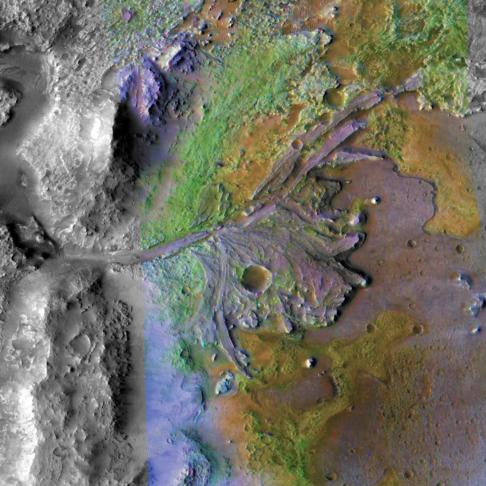 Der Jezero-Krater auf der nördlichen Halbkugel des Mars ist das Landegebiet. Er könnte einst einen See mit Zuflüssen gewesen sein.