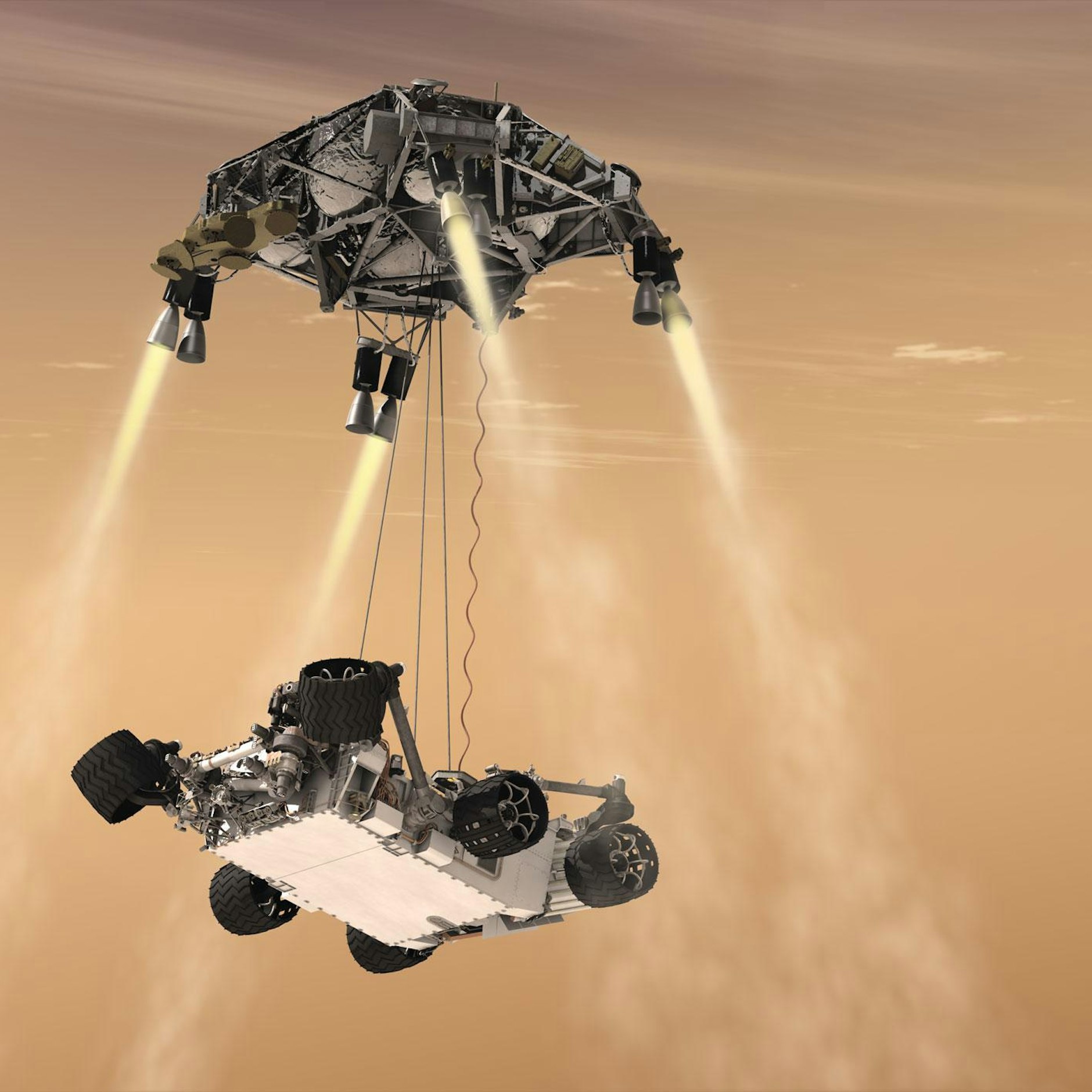Der Sky Crane lässt den Rover auf den Mars herab.