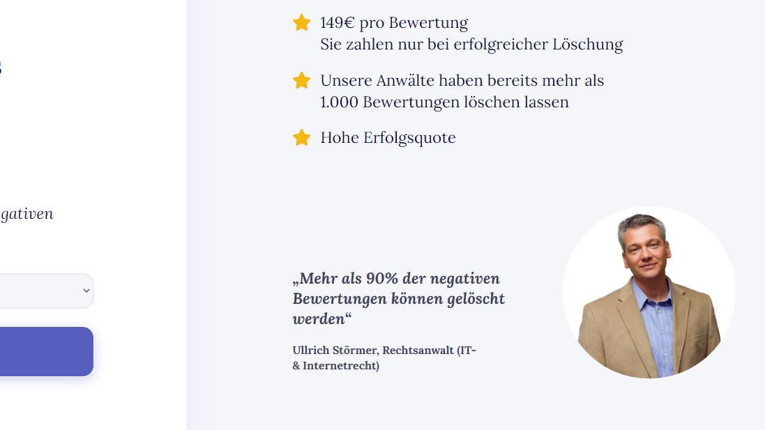 Ein Teil der Internet-Seite von „ihre-reputation.de“ . Ein Rechtsanwalt Ullrich Störmer existiert in Deutschland nicht, das Bild stammt von einer US-Fotoagentur.