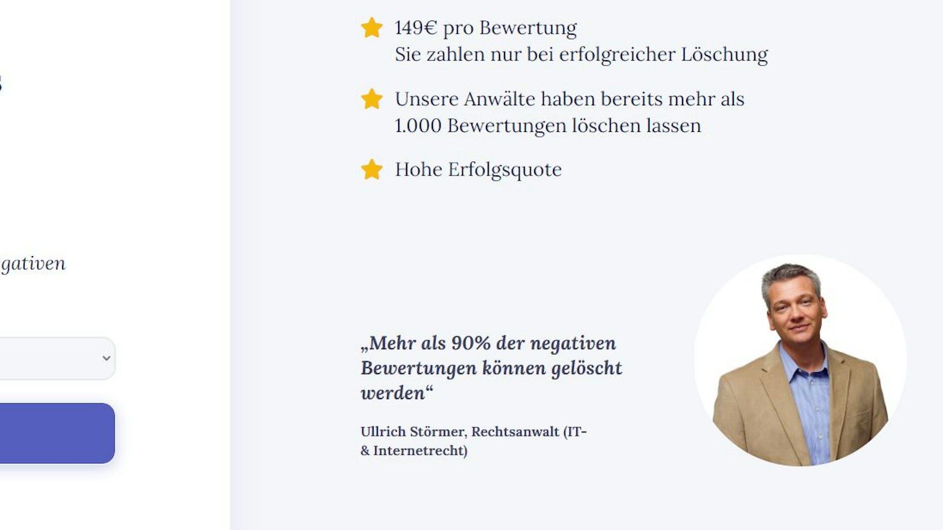 Ein Teil der Internet-Seite von „ihre-reputation.de“ . Ein Rechtsanwalt Ullrich Störmer existiert in Deutschland nicht, das Bild stammt von einer US-Fotoagentur.