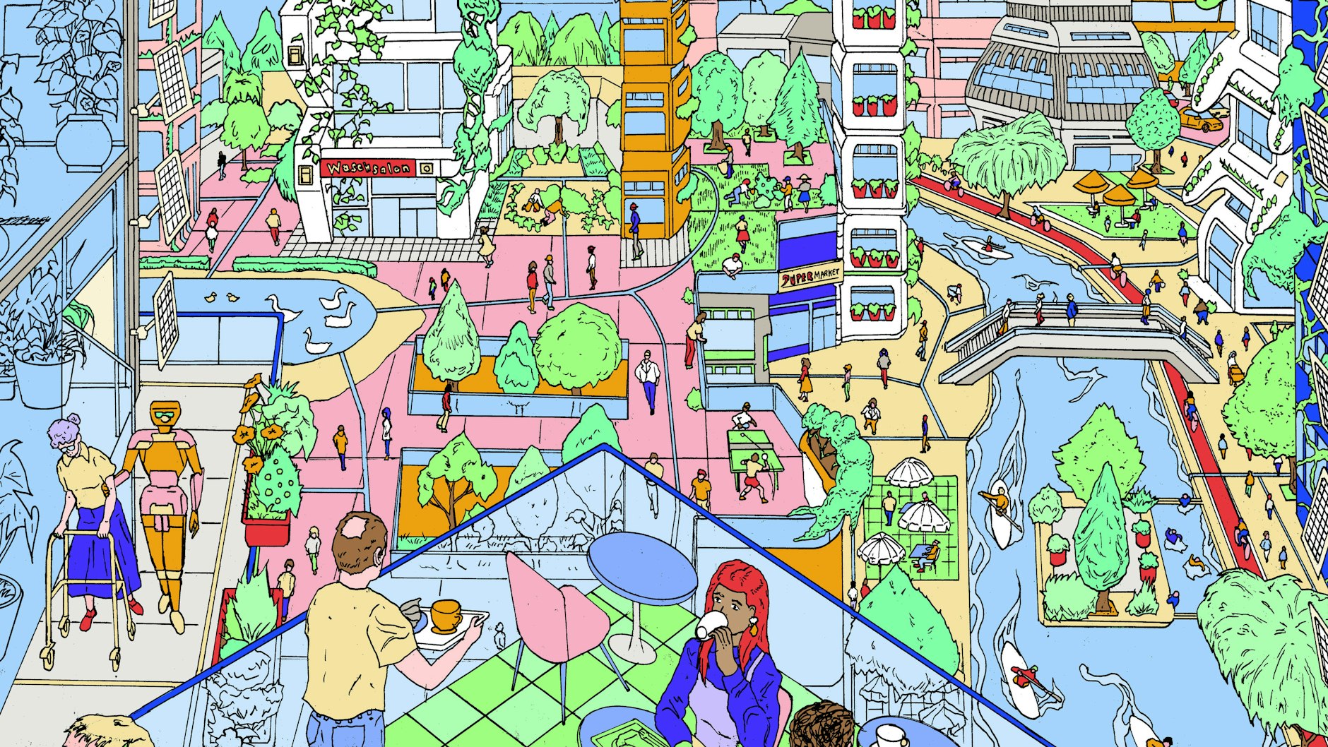 Viel Grün, Wasser, kurze Wege, sozial und funktional gemischt. So stellt sich der Zeichner das Stadtviertel von morgen vor.