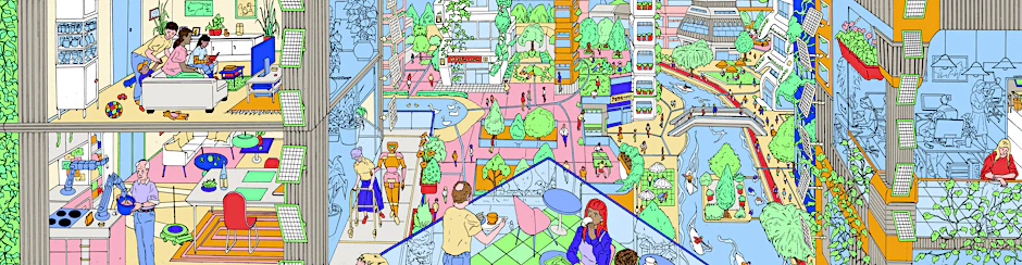 Viel Grün, Wasser, kurze Wege, sozial und funktional gemischt. So stellt sich der Zeichner das Stadtviertel von morgen vor.