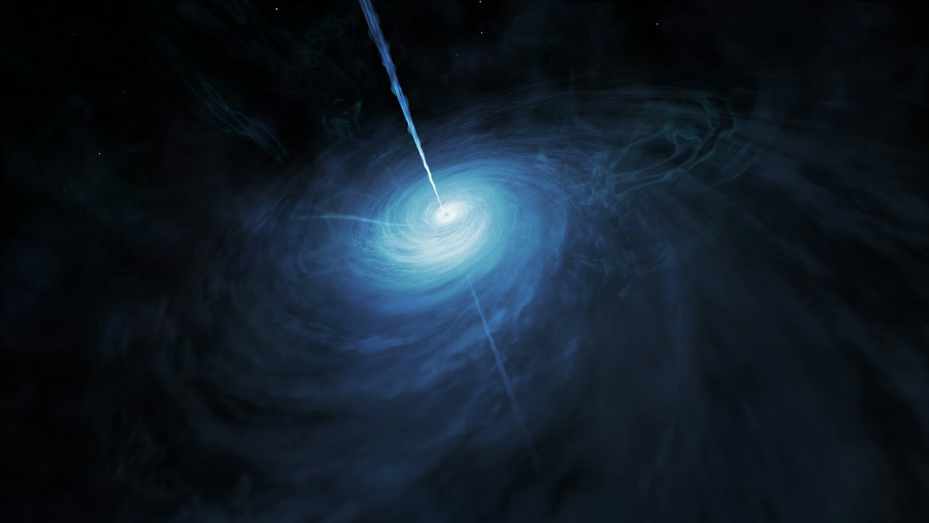 Darstellung eines Quasars: ein rotierendes Schwarzes Loch, das Materie anzieht und verschlingt und dabei ungeheure Reibungsenergie erzeugt. Ströme aus heißen Gasen (Jets) schießen ins Universum.