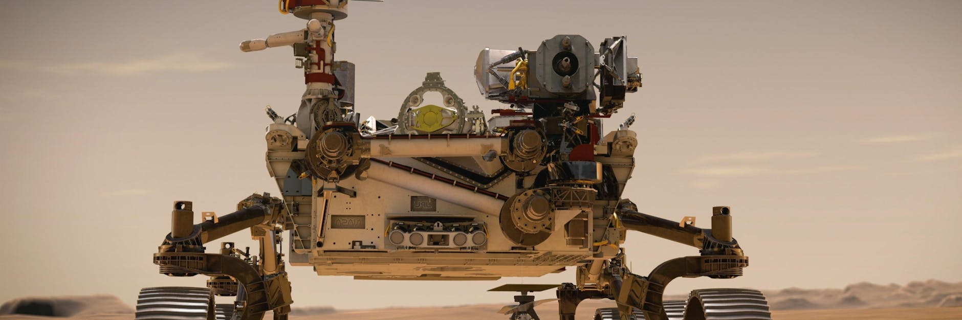 Die Darstellung zeigt den Nasa-Rover „Perseverance“ auf der Marsoberfläche im Einsatz.