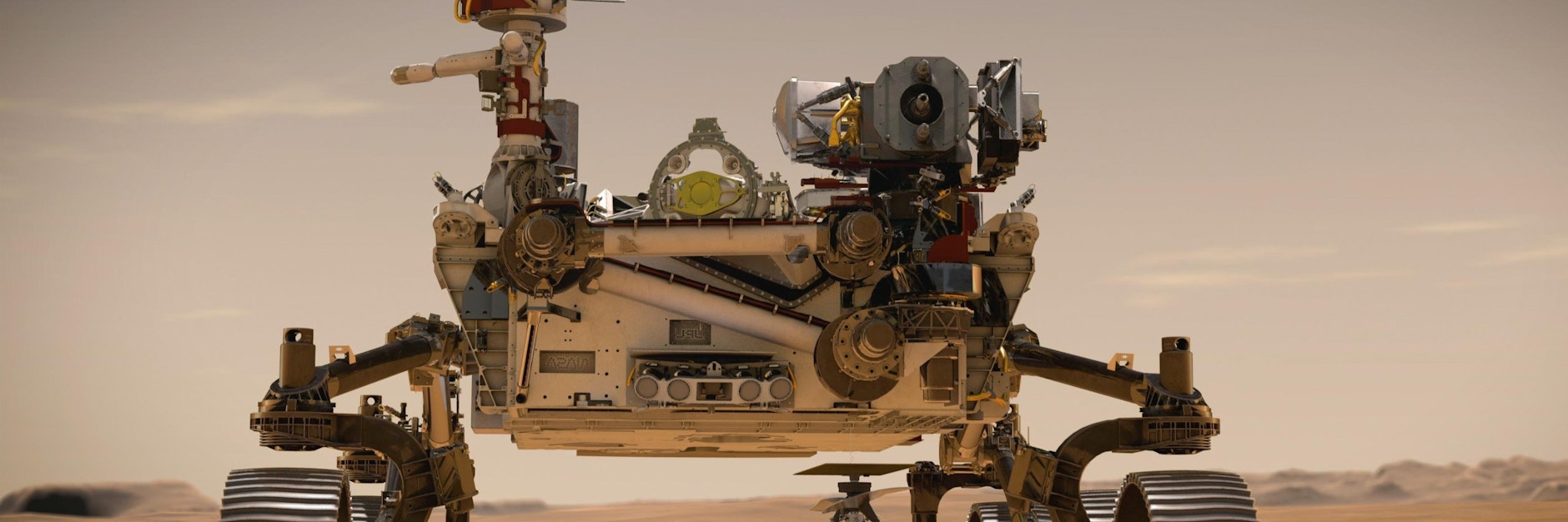 Die Darstellung zeigt den Nasa-Rover „Perseverance“ auf der Marsoberfläche im Einsatz.