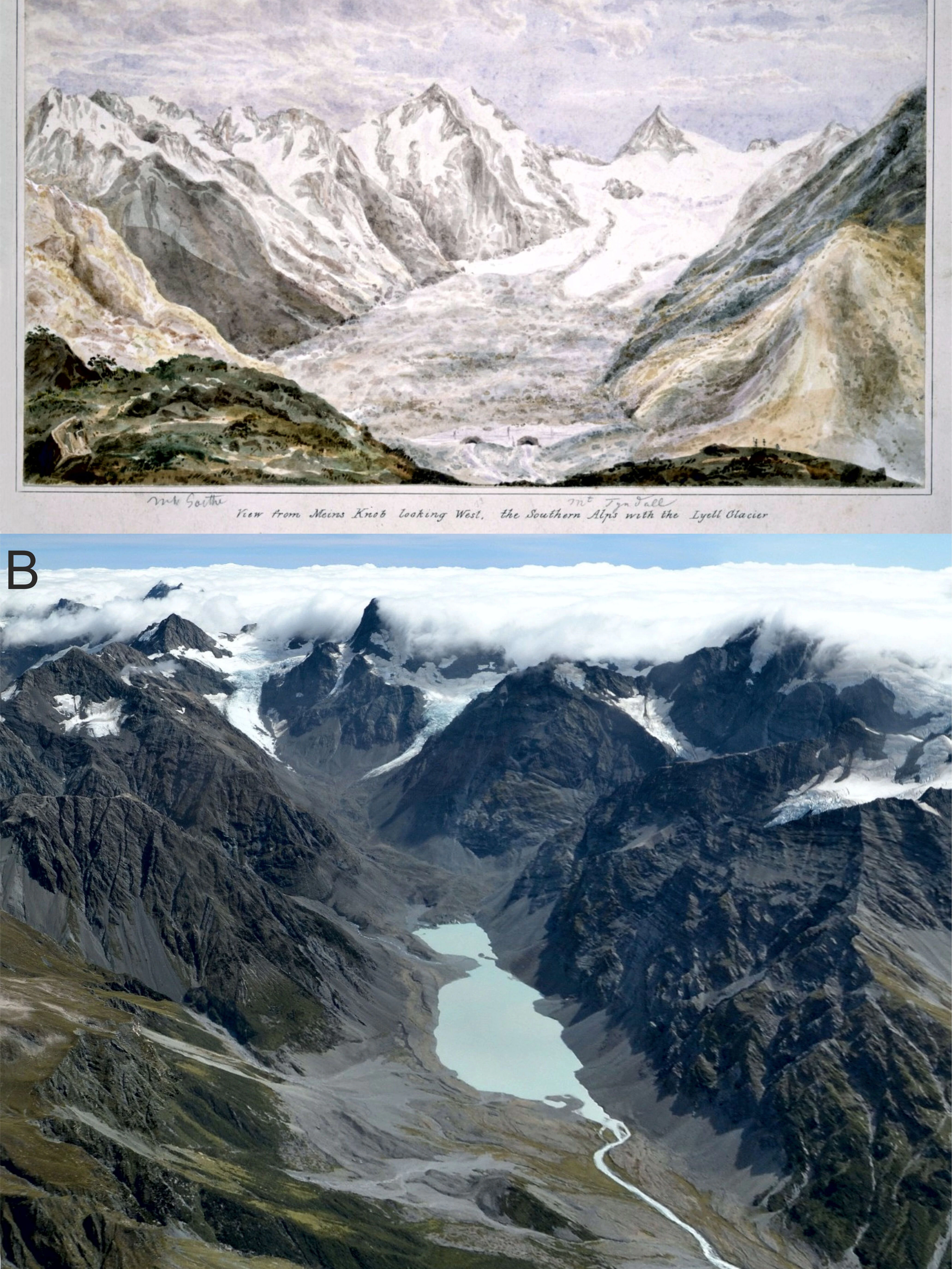 Verkümmert: Der Lyell Gletscher im Jahr 1866 (oben) und 2018 (unten).