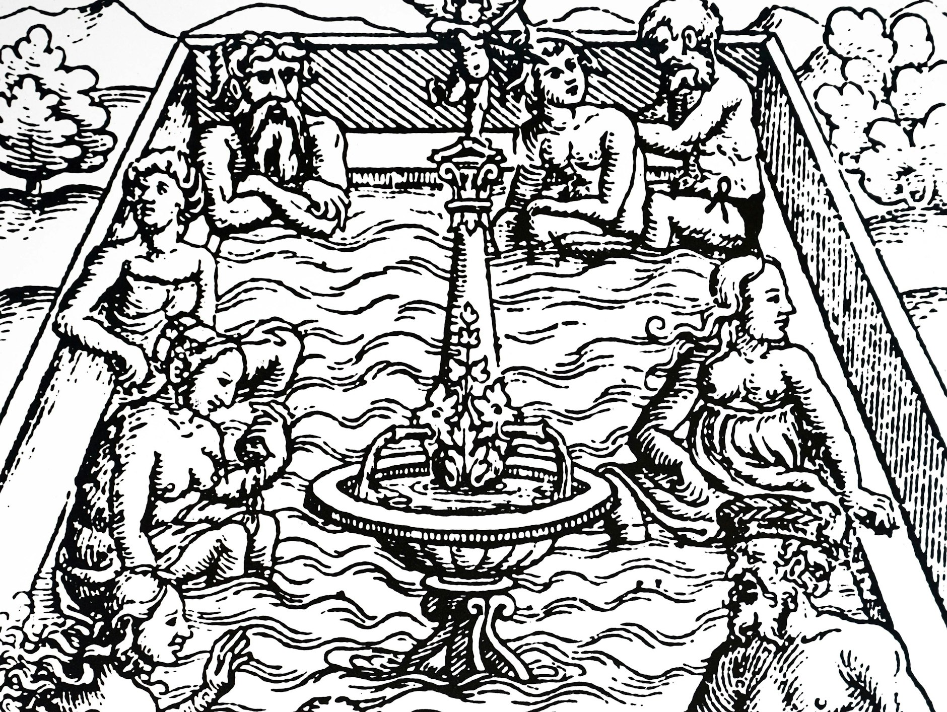 Öffentliches Baden steht nicht erst seit Corona in Verruf: Im Spätmittelalter wurde es verboten, nachdem Syphilis und Gonorrhöe epidemische Ausmaße angenommen hatten. Der Holzschnitt aus dem 16. Jahrhundert zeigt die Bäder von Plombiere, Frankreich.&nbsp;