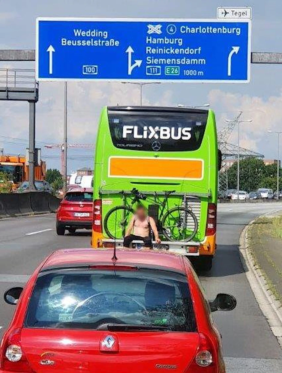 Der blinde Passagier auf dem Flixbus-Heck.